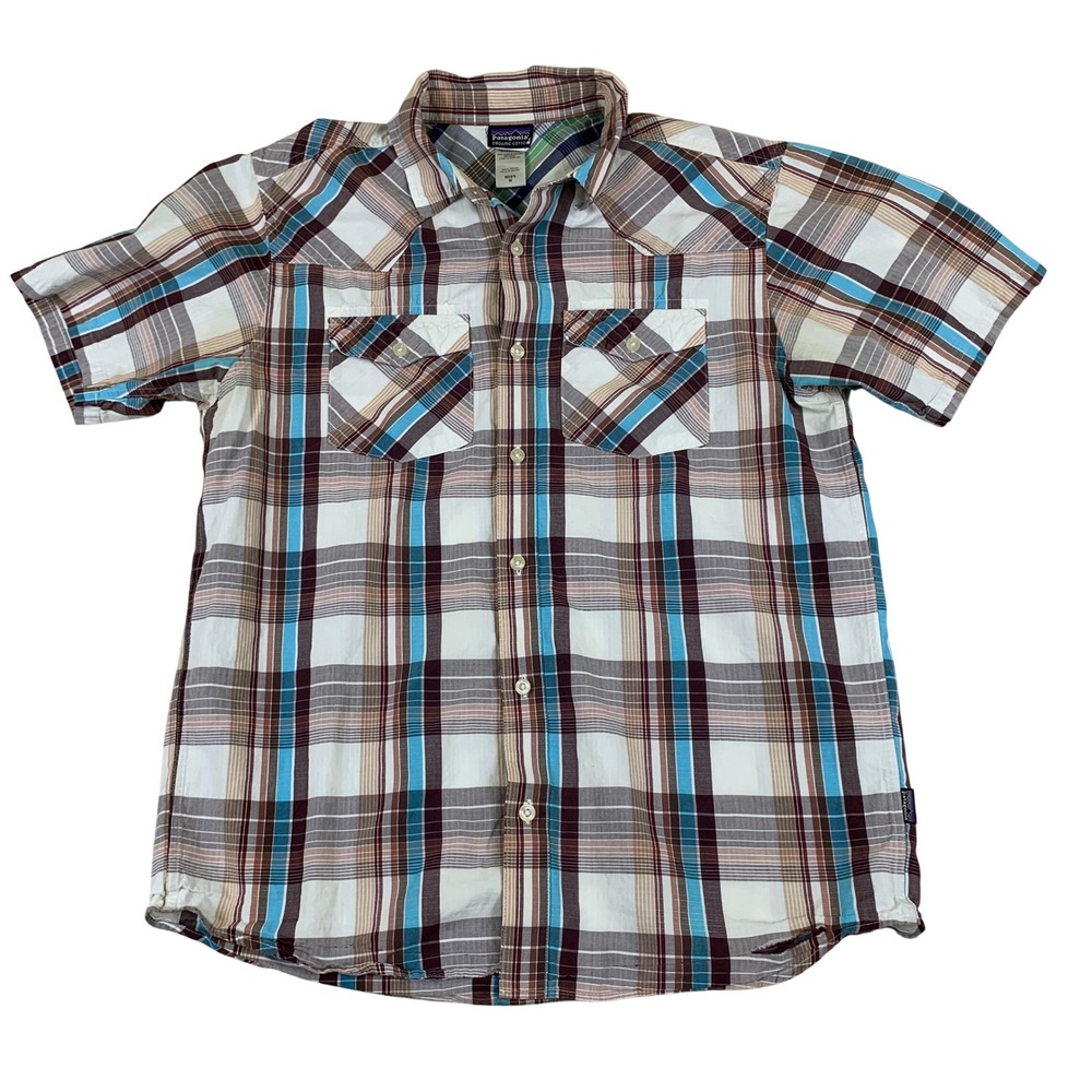 Patagonia Mens Organic Cotton Plaid Short Sleeve Western Shirt Blue Brown Size M